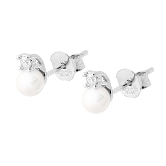 Ohrringe Perle 4 mm mit Cubic Zirconia Weiß in Silber 925 Rhodium-Plattierung - MeinSchmuckShop
