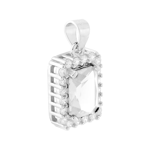 Rechteckiger Anhänger mit weißem Cubic Zirconia, umgeben von weißen Cubic Zirconia-Steinen, aus Silber 925, rhodiniert. - MeinSchmuckShop