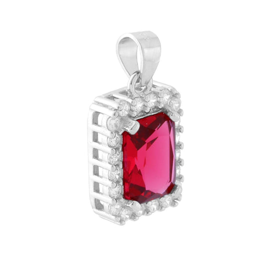 Rechteckiger Anhänger mit rubinroten Cubic Zirconia, umrundet von weißen Cubic Zirconia, aus Silber 925 galvanisch rhodiniert. - MeinSchmuckShop