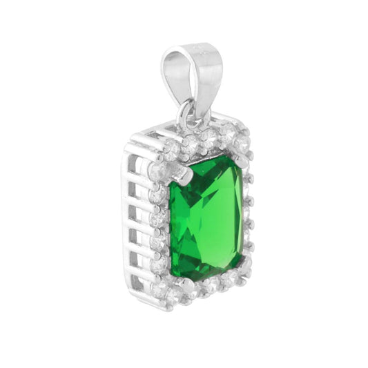 Rechteckiges Anhänger mit Smaragdgrünen Cubic Zirconia, umgeben von weißen Cubic Zirconia, in Silber 925 rhodiniert. - MeinSchmuckShop