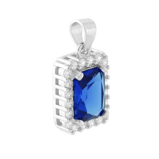 Rechteckiger Anhänger mit blauem kubischem Zirkonoxid (Saphir), umrundet von weißen kubischen Zirkonoxid, in 925er Silber rhodiniert. - MeinSchmuckShop