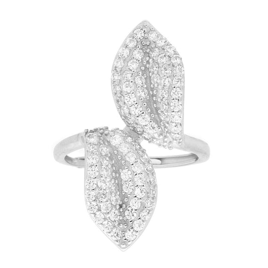 Ring mit doppeltem Blatt, weiße Cubic Zirconia, in 925er Silber rhodiniert. - MeinSchmuckShop