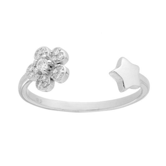 Ring mit Blume und weißen Zirkonien und schlichtem Stern aus Silber 925, rhodiniertes Galvanik. - MeinSchmuckShop