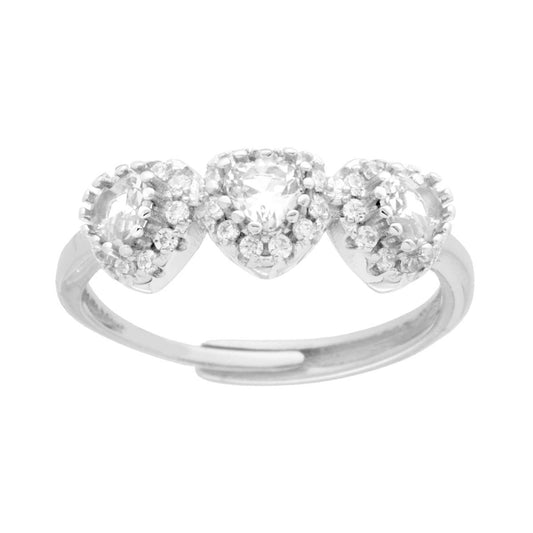 Trilogie-Ring Herzen weiße Zirkone, von weißen Zirkonen umgeben, in 925er Silber rhodiniert galvanisch - MeinSchmuckShop