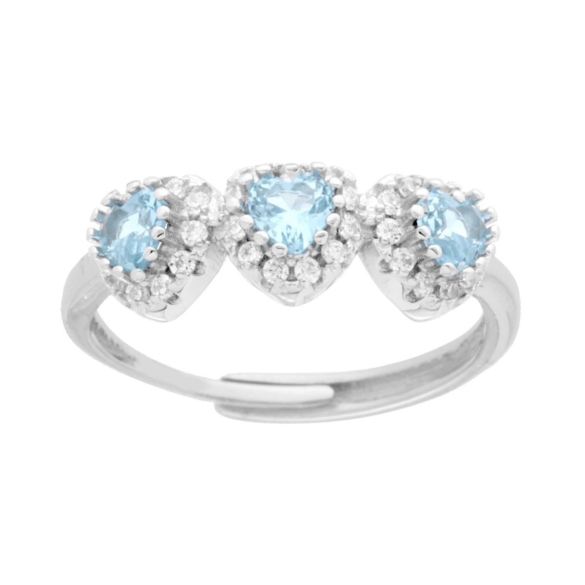 Ring Trilogy Herzen Zirkonia Aquamarin, umrandet von weißen Zirkonien in 925er Silber galvanisch Rhodiniert. - MeinSchmuckShop