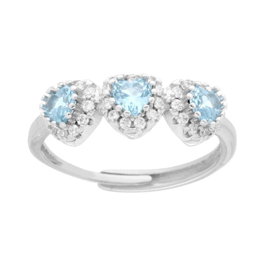 Ring Trilogy Herzen Zirkonia Aquamarin, umrandet von weißen Zirkonien in 925er Silber galvanisch Rhodiniert. - MeinSchmuckShop