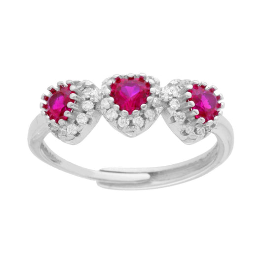 Trilogie-Ring – Herzen mit rubinroten Zirkonien, umrahmt von weißen Zirkonien – aus Silber 925 rhodiniert - MeinSchmuckShop