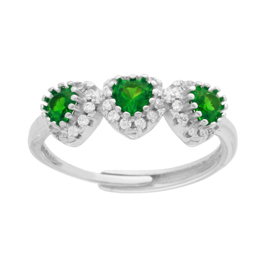Ring-Trilogie Herzen-Zirkone Smaragdgrün, umgeben von weißen Zirkonen, in 925er Silber rhodiniert - MeinSchmuckShop