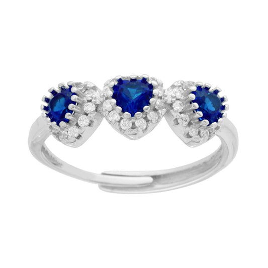 Ring der Trilogie: Herzen, blaue Zirkone, Saphir, umrahmt von weißen Zirkonen, Silber 925, galvanisch Rhodium. - MeinSchmuckShop