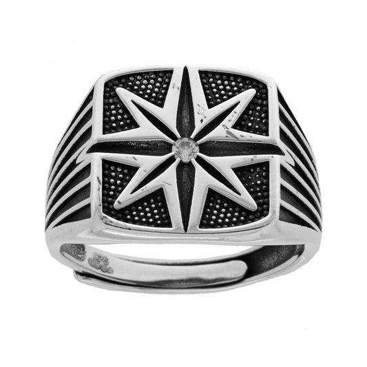 Herren Chevalier quadratischer Ring mit Windrose und weißem Zirkon aus Silber 925, galvanisch rhodiniert und brüniert - MeinSchmuckShop