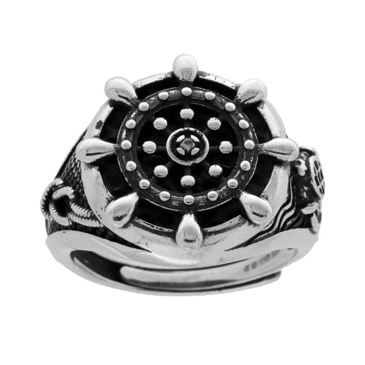 Herrenring Chevalier-Ring rund mit Ruder und Weißzirkon aus 925er Silber, galvanisch rhodiniert brüniert - MeinSchmuckShop