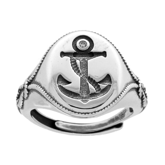 Herrenring Chevalier Oval mit Anker und weißem Zirkon in 925er Silber, galvanisch rhodiniert brüniert - MeinSchmuckShop