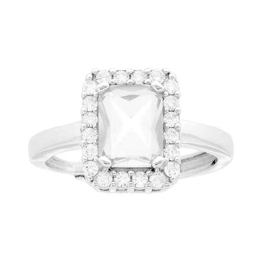 Ring Halo-Solitär rechteckig, weißer Zirkon, umgeben von weißen Zirkonen, in Silber 925 galvanisch rhodiniert - MeinSchmuckShop