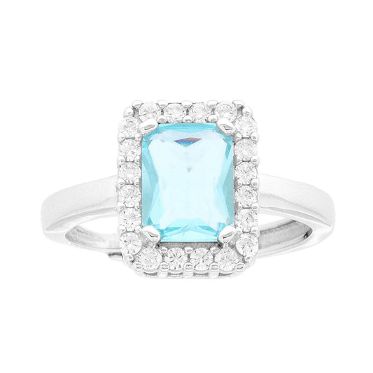 Solitärring mit rechteckigem Halo, Zirkonia, Aquamarin, umgeben von weißen Zirkonen, in 925er Silber rhodiniert - MeinSchmuckShop