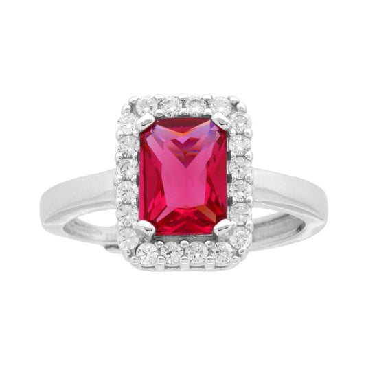 Halo-Solitär-Ring mit rechteckigem rubinroten Zirkon, umgeben von weißen Zirkonen, aus 925er Silber rhodiumbeschichtet - MeinSchmuckShop