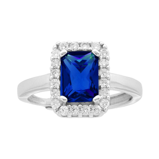 Rechteckiger Halo-Solitärring mit blauem Zirkon und Saphir, umgeben von weißen Zirkonen, aus 925er Silber rhodiniert galvanisch. - MeinSchmuckShop