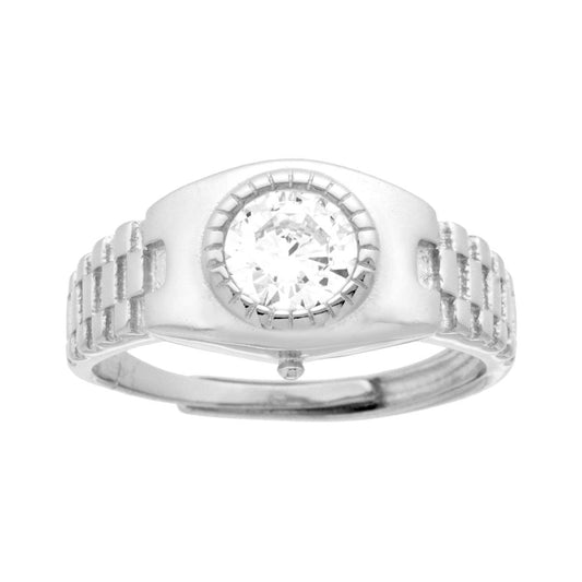 Solitärring für Herren, Modell Bezel-Uhr mit weißem Zirkonia, Silber 925, rhodiniert galvanisch. - MeinSchmuckShop