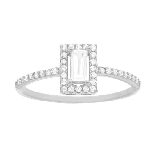 Solitärring mit weißem rechteckigem Cubic Zirconia aus 925er Silber, rhodiniert. - MeinSchmuckShop