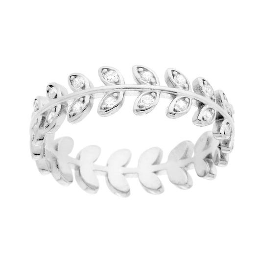 Ring mit Blatt-Design Lorbeerkrone für Abschlussfeier mit weißen Cubic-Zirkonien im 925er Silber rhodiniert - MeinSchmuckShop