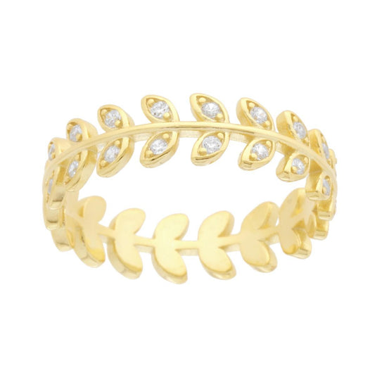 Ring mit Blattmotiv – Lorbeerkrone für Laurea (Abschluss) mit weißen Cubic Zirconia, aus 925er Silber, Gold galvanisiert - MeinSchmuckShop