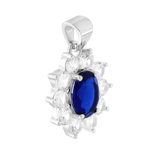 Ovaler Anhänger mit blauem Saphir-Cubic-Zirkonien, umgeben von weißen Cubic-Zirkonien, aus 925er Silber, rhodiniert. - MeinSchmuckShop