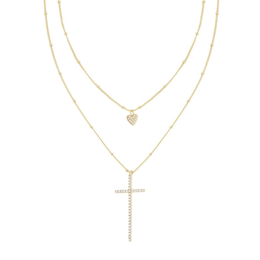 Zweifädige Halskette mit diamantierter Grumetta-Kette, Herz- und Kreuzanhänger aus weißen Cubic Zirconia, Silber 925, galvanisch vergoldet. - MeinSchmuckShop