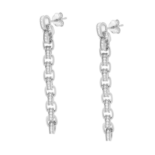 Lange Ohrringe mit rechteckiger Forzatina-Kette, mit weißen Cubic Zirconia, in Silber 925 galvanisch rhodiniert - MeinSchmuckShop