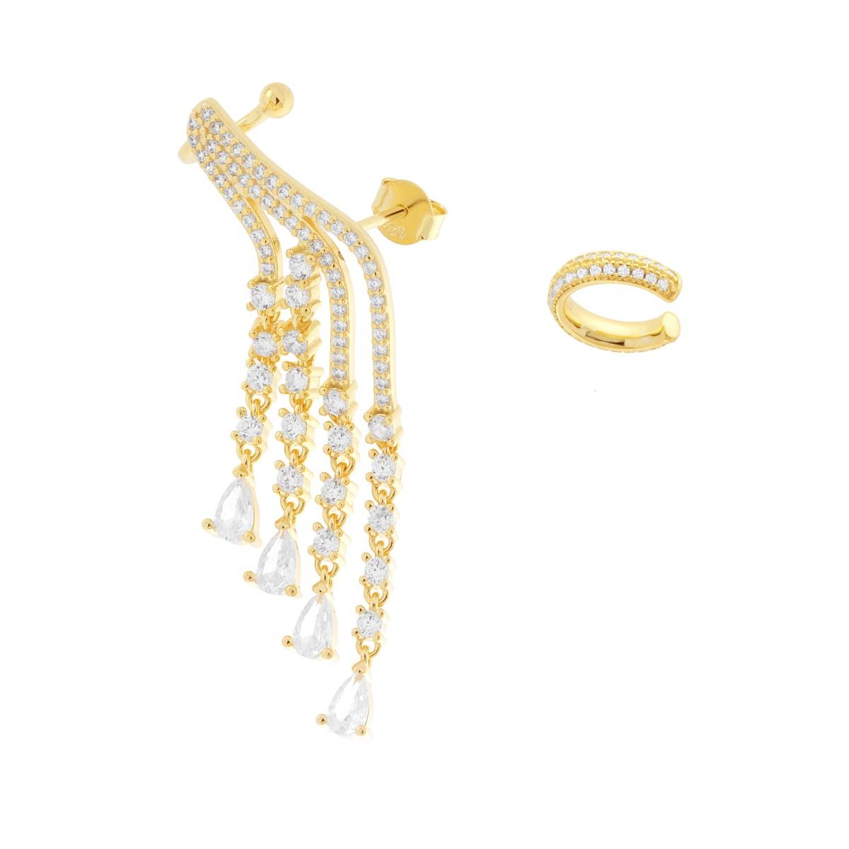 Langer Ohrring mit zwei Elementen, rechtes Ohr-Cuff, Chandelier-Stil, mit weißen Cubic Zirconia, aus Silber 925, vergoldet. - MeinSchmuckShop