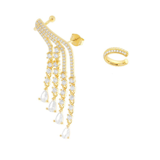 Langer Ohrring mit zwei Elementen, rechtes Ohr-Cuff, Chandelier-Stil, mit weißen Cubic Zirconia, aus Silber 925, vergoldet. - MeinSchmuckShop