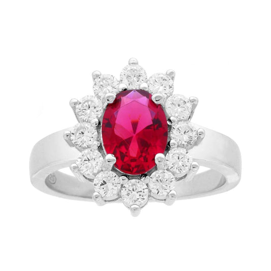 Ring Halo Solitär Oval mit rubinrotem Cubic Zirconia, umgeben von weißen Cubic Zirconia, aus 925er Silber rhodiniert. - MeinSchmuckShop