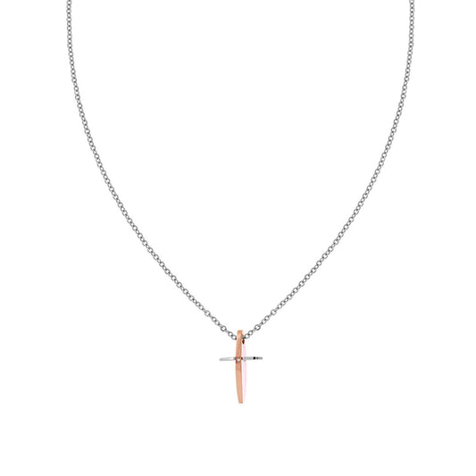 Kette aus Forzatina-Diamantkette mit hängendem Kreuz, rosa Farbdetail, weißer Kristall, aus Edelstahl - MeinSchmuckShop