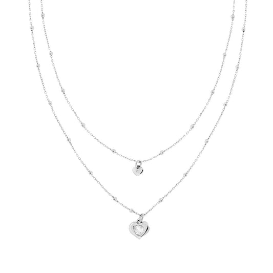 Zweifadenkette, diamantierte Kette mit glatten Kugeln und Herz-Anhänger mit Cubic Zirconia, weiß, aus 925er Silber rhodiniert. - MeinSchmuckShop