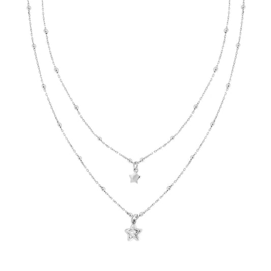 Zweifädige Halskette mit diamantierter Kette, glatten Perlen und hängenden Sternen mit Cubic Zirconia, Weiß, aus 925er Silber, rhodiniert - MeinSchmuckShop
