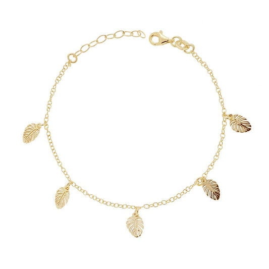 Diamantbesetztes Rolo-Kettenarmband mit hängenden Blättern aus 925er Silber, Goldgalvanik - MeinSchmuckShop