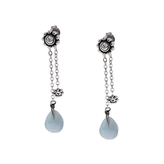 Ethnische Ohrringe mit zwei Anhängern, mit Blume, weißem Zirkon und Chalzedon-Naturstein-Tropfen in Silber 925 - MeinSchmuckShop