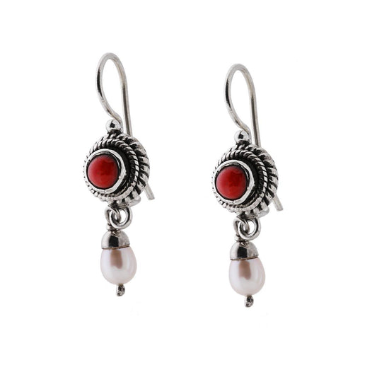 Ethnische runde Ohrringe mit Perle und Korallenstein aus 925er Silber - MeinSchmuckShop