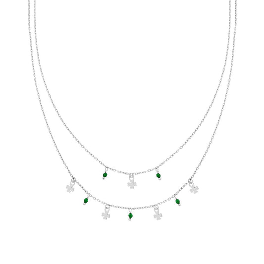 Zwei-Faden-Kette, Forzatina-Kette, diamantiert, mit Trifogli plain und Emerald-Grün Kristall-Anhänger, Silber 925, galvanisch rhodiniert. - MeinSchmuckShop