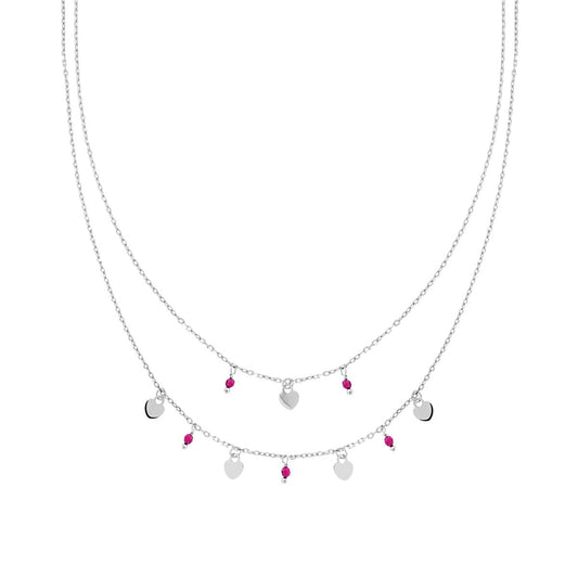 Kette mit zwei Fäden, feine Diamantkette mit schlichten Herzen und rubinrotem Kristall-Anhänger aus 925er Silber, rhodiniert galvanisch. - MeinSchmuckShop
