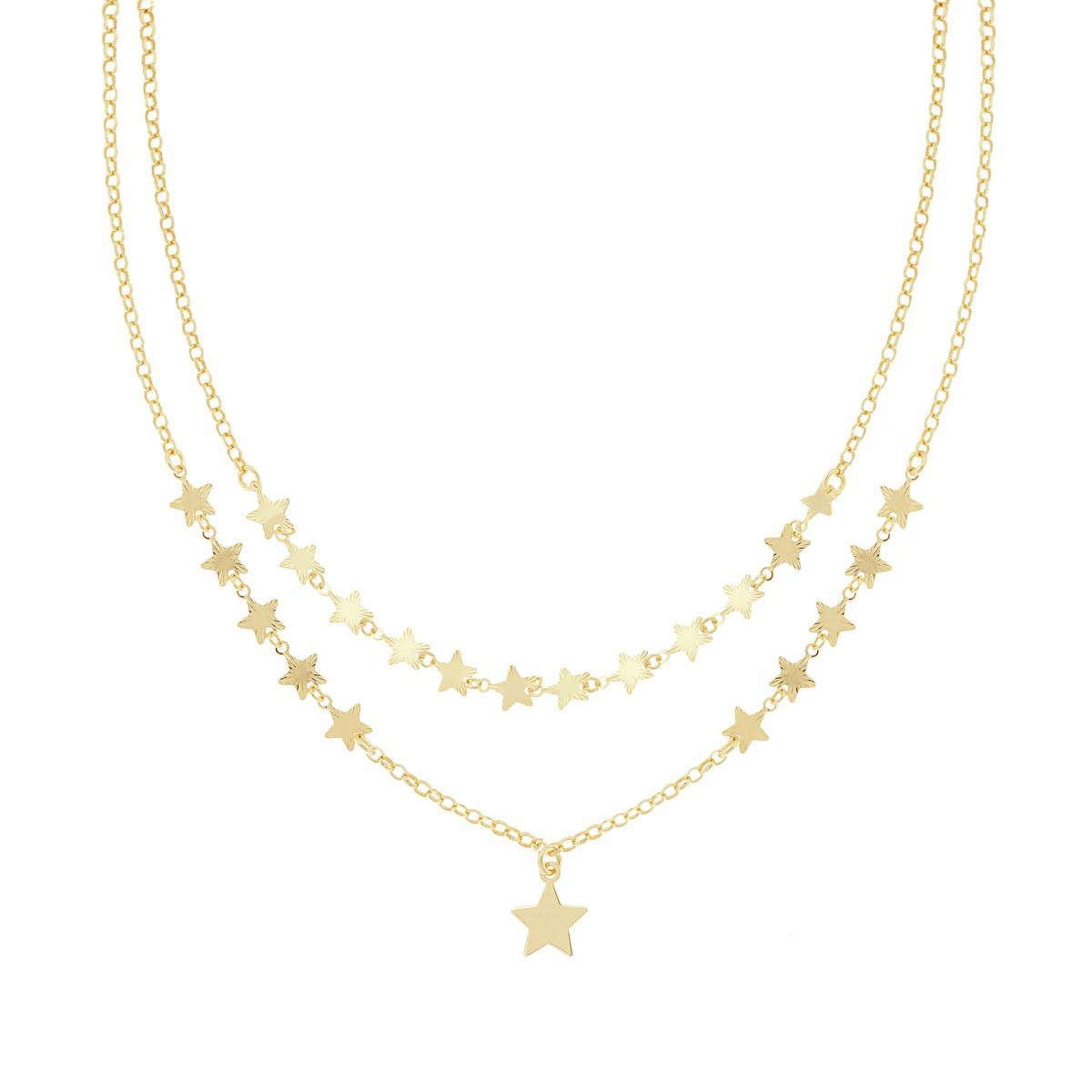 Zwei-Strang-Halskette Rolo-Kette mit diamantierten und glatten Sternen aus 925er Silber, goldplattiert - MeinSchmuckShop