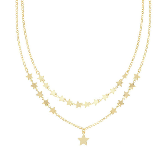 Zwei-Strang-Halskette Rolo-Kette mit diamantierten und glatten Sternen aus 925er Silber, goldplattiert - MeinSchmuckShop