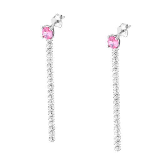 Tennis-Ohrringe mit rosa Rundstein und weißen Cubic Zirconia aus 925er Silber, rhodiniert - MeinSchmuckShop