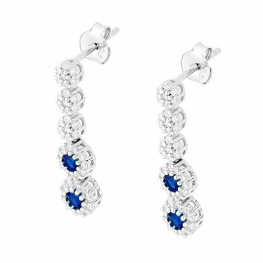Tennisohrringe mit Blumen, mit runden blauen Saphiren, umrahmt von weißen Cubic Zirconia, aus 925er Silber rhodiniert - MeinSchmuckShop