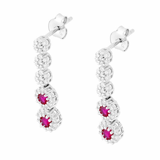 Tennis-Ohrstecker mit Blumen, rubinroten Rundsteinen, umgeben von weißen Cubic-Zirkonien, aus 925er Silber rhodiniert - MeinSchmuckShop