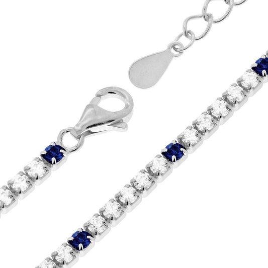 Tennisarmband mit Prongs, Länge 17+3 cm, mit 2 mm Zirconia, weiße und blaue Saphire abwechselnd, aus 925er Silber rhodiniert - MeinSchmuckShop