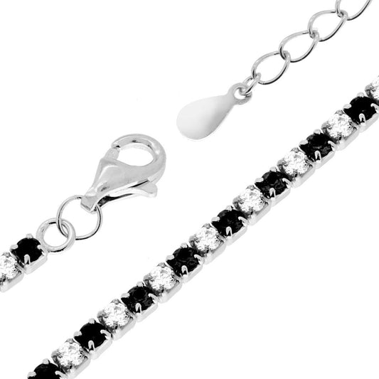 Tennisarmband Griffe cm 17+3 mit Zirkonien 2 mm, Weiß und Schwarz abwechselnd, aus 925er Silber rhodiniert - MeinSchmuckShop