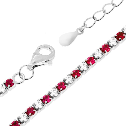 Tennisarmband Griffe cm 17+3 mit Zirkonien 2 mm, weiß und rubinrot abwechselnd, in Silber 925 galvanisch Rhodium - MeinSchmuckShop