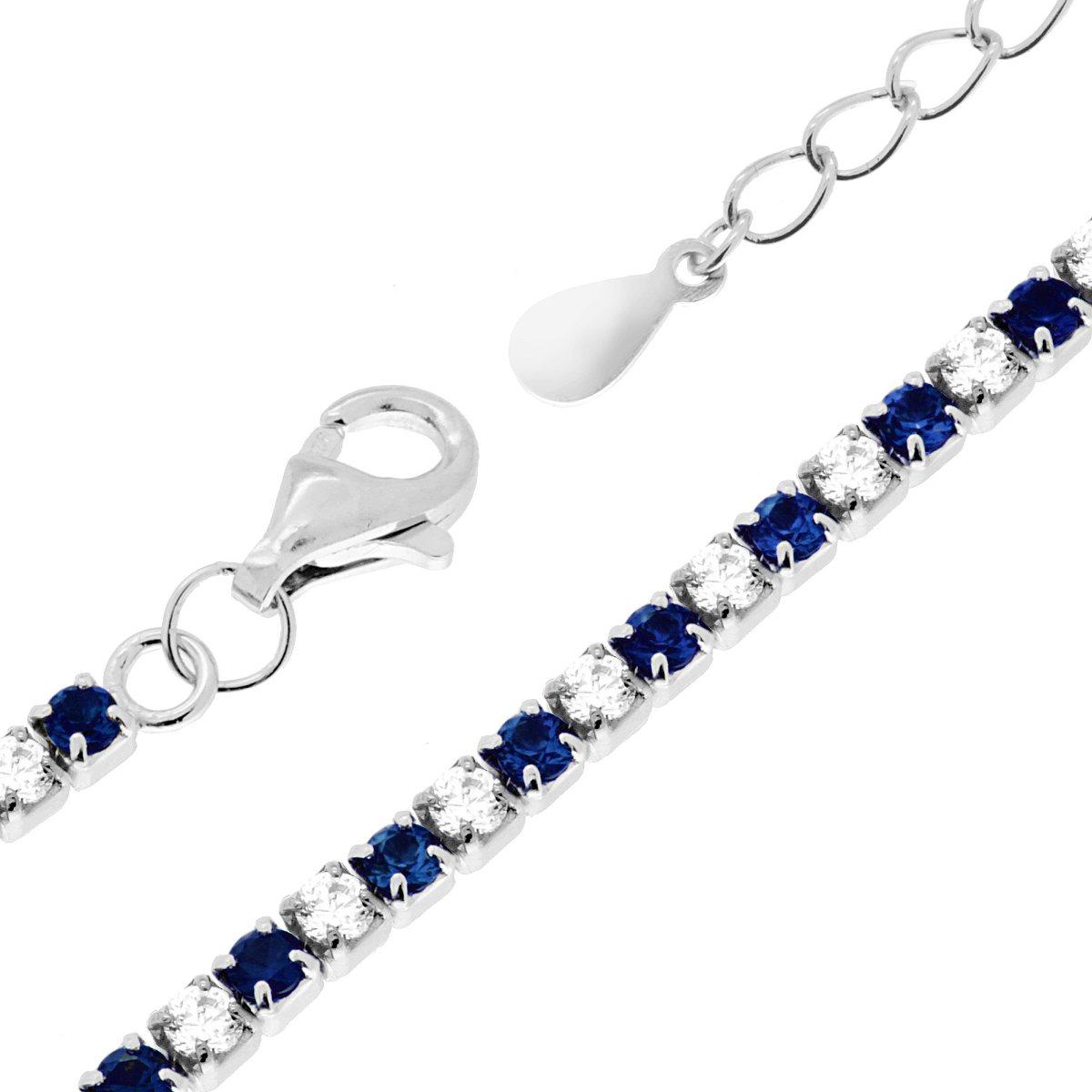 Tennisarmband, Länge 17+3 cm, mit Zirkonien (2 mm), abwechselnd weiße und blaue Saphire, in Silber 925, rhodiniert. - MeinSchmuckShop