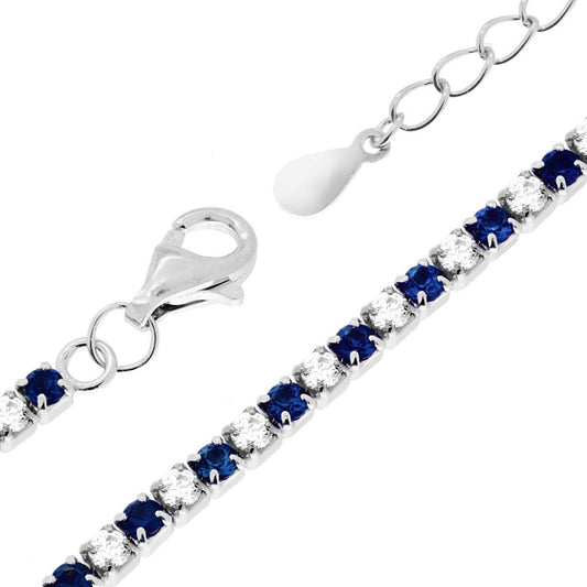Tennisarmband, Länge 17+3 cm, mit Zirkonien (2 mm), abwechselnd weiße und blaue Saphire, in Silber 925, rhodiniert. - MeinSchmuckShop