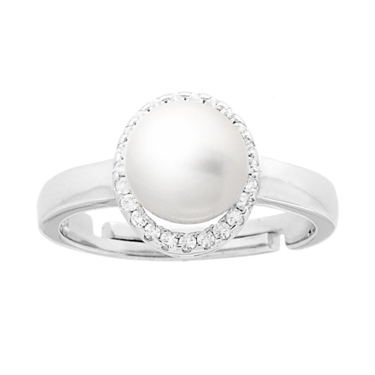Ring mit Perle, umgeben von weißen Cubic Zirconia, aus 925er Silber, rhodiniert - MeinSchmuckShop