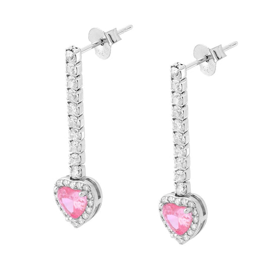 Tennis-Ohrringe mit rosafarbem Herz-Anhänger, umrahmt von weißen Cubic-Zirkonien, aus Silber 925 rhodiniert - MeinSchmuckShop